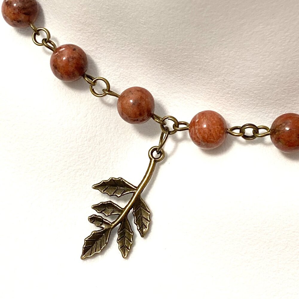 Genuine Red Jasper Short Necklace, Cute Bronze Leaf Branch + Natural Gemstone